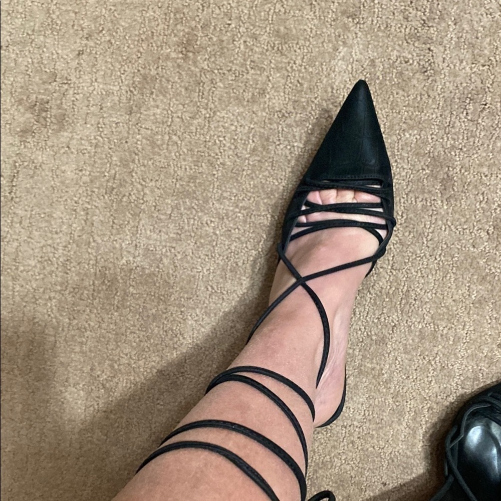 Miss Lola Black Stilettos with Pointed Toe and Wraparound Straps-7.5-8 Goth